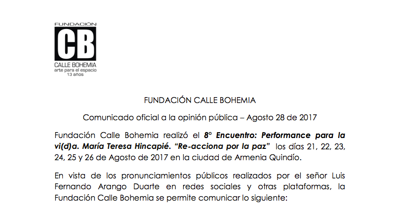 Comunicado oficial a la opinión pública 8° Encuentro: Performance para la vi(d)a. María Teresa Hincapié.