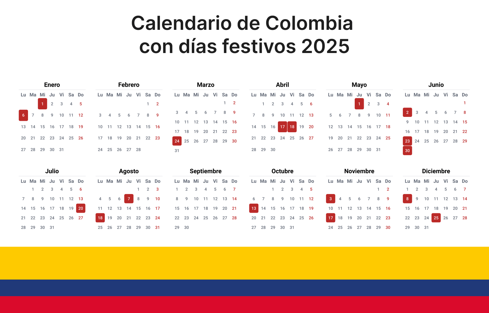 Calendario de días festivos 2025 ¿Cuáles días festivos y cuántos puentes hay en Colombia este